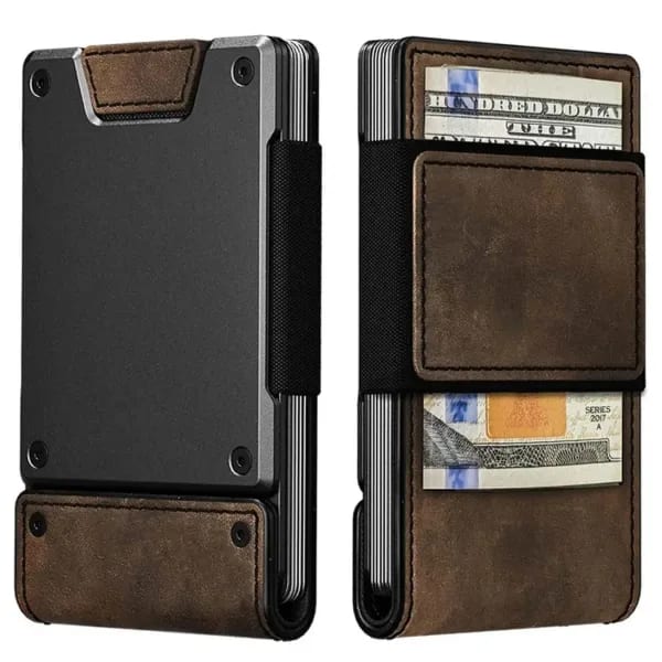 Cartera de cuero de lujo para hombre, tarjetero con bloqueo RFID con apertura y cierre, billetera extraíble para hombre, billetera de Metal