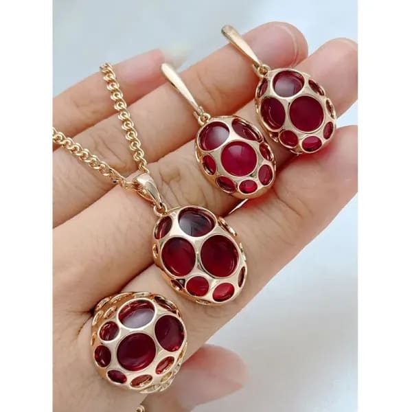 Kinel-Conjunto de joyería de circón Natural rojo brillante para mujer, moda 585, anillo, pendientes, collar, conjunto de joyería Vintage de 3 uds.