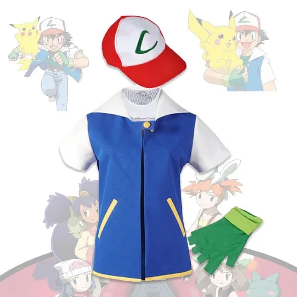 Figuras de Pokémon Ash Ketchum para hombre, disfraz de Cosplay, chaqueta azul para niños, guantes de entrenamiento para fiesta de Halloween, conjunto de gorra, regalo de Navidad de Anime
