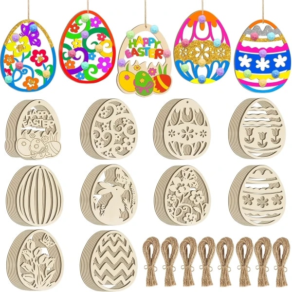 20 huevos de Pascua de madera. |   Huevos artesanales en blanco con cuerdas de cáñamo para arte, adornos clásicos de Pascua y decoraciones colgantes