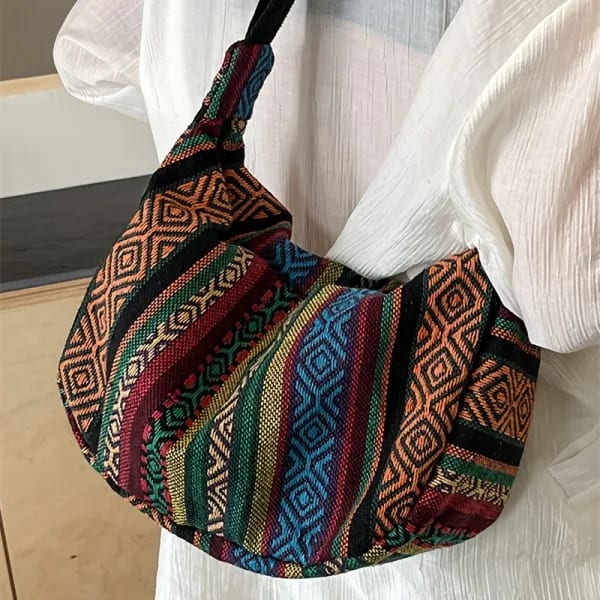 Bolso de hombro estilo tribal, bandolera plegable con cierre de cremallera, patrón de rayas, tema de bandera, forro pintado con borde lavable a mano