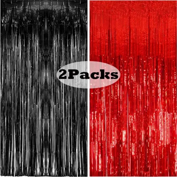 2 paquetes de 1x2m, cortina de aluminio roja y negra, telón de fondo, oropel negro y rojo, cortinas serpentinas para fiesta, boda, despedida de soltera, decoración de cumpleaños