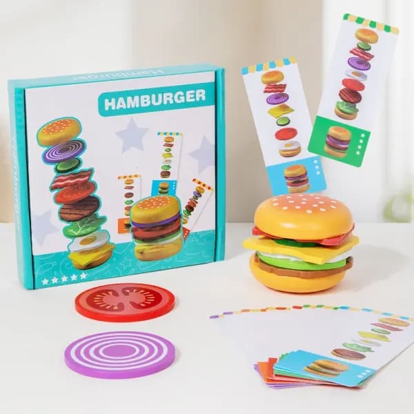 Juguete de Madera Montessori de Hamburguesa para Jugar a la Simulación, Juego Educativo de Emparejamiento y Apilamiento de Alimentos con Tarjetas para Niños de 2 Años, Regalo