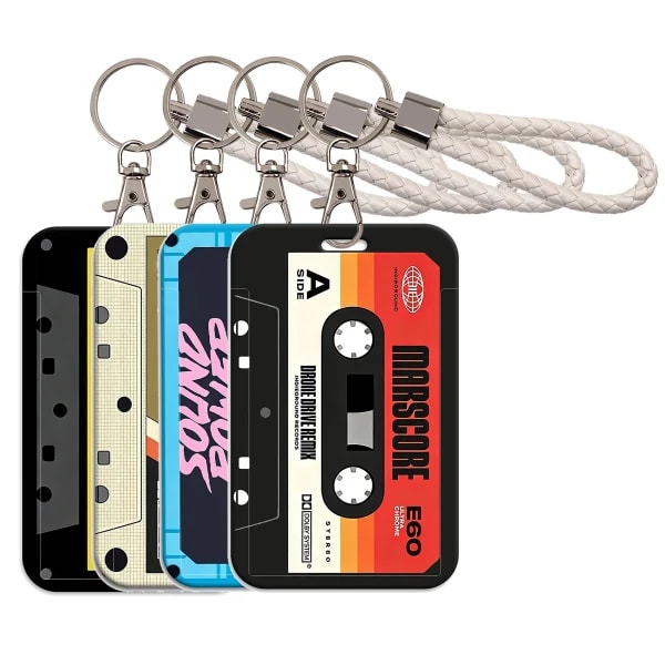 Tarjetero estilo casete retro con cordón para llavero, funda protectora portátil para tarjetas de identificación y crédito, regalos de los años 80 y 90