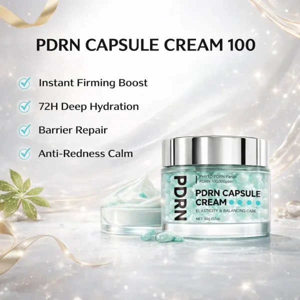 Crema en Cápsulas PDRN 100, Crema Hidratante Facial con 100,000 ppm de PDRN, Ácido Hialurónico, 9 Péptidos, Crema Reafirmante y Nutritiva