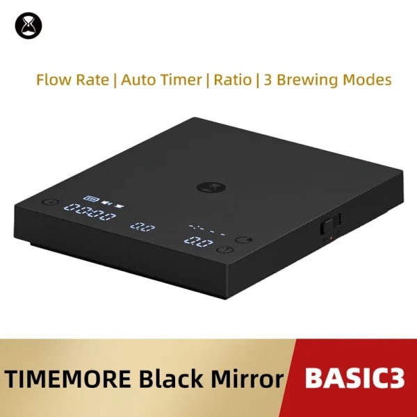 Báscula para Café TIMEMORE Basic 3 Black Mirror, Báscula para Espresso, Caudal de Flujo, Temporizador Automático, Relación, 3 Modos de Preparación, Capacidad de 2 kg