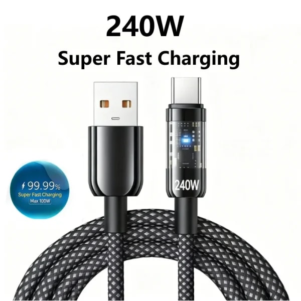 Cable de carga súper rápido USB tipo C de nailon de 240W para Samsung, Xiaomi, Huawei, Honor, pantalla Digital LED, Cable de datos del cargador USB C