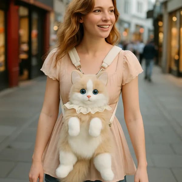 Mochila de felpa de gato, bonita mochila de animales suaves de piel sintética con correas ajustables para niñas, estudiantes, uso diario