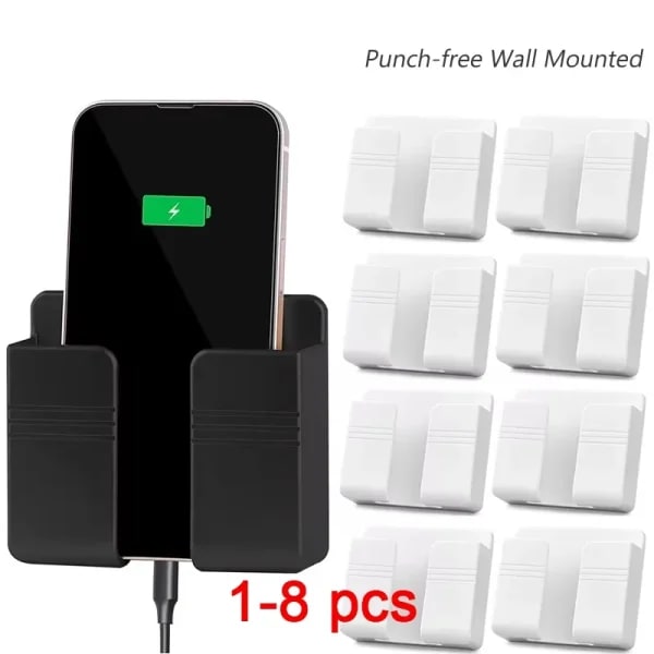 Soporte para teléfono de montaje en pared, soporte de carga para teléfono móvil sin perforaciones, color blanco y negro, caja de almacenamiento de Control remoto adhesivo perezoso, 4 Uds.