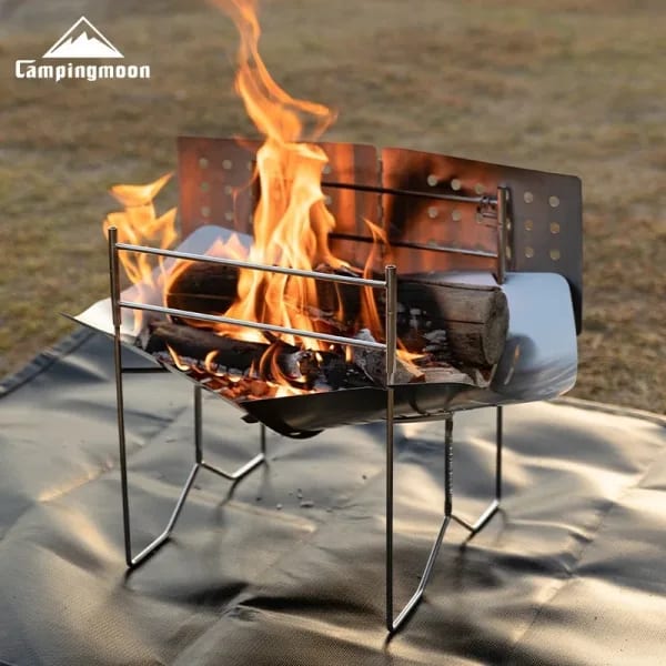 CAMPINGMOON SOLO-D Solo A4 Cortavientos plegable de acero inoxidable ignífugo y resistente al viento para acampar y picnics