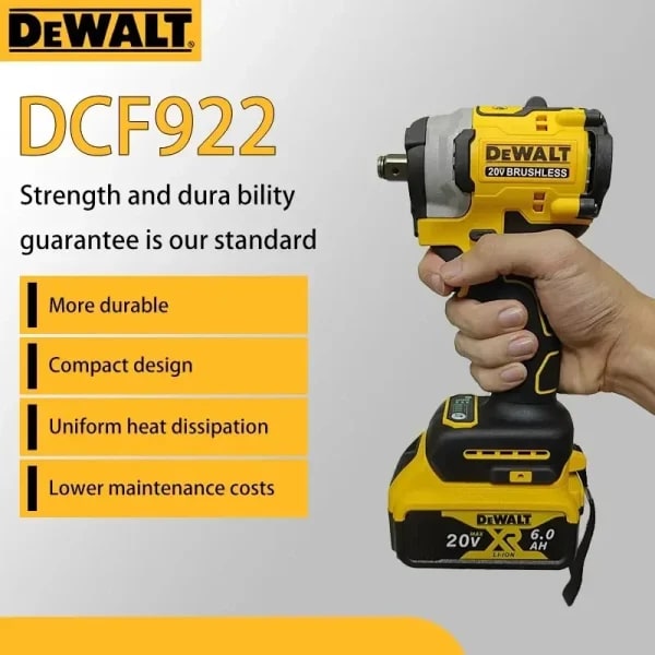 Llave de Impacto Inalámbrica DEWALT DCF922 20V Max XR sin Escobillas, con Gran Torque, Velocidad Variable, Herramienta Eléctrica Recargable