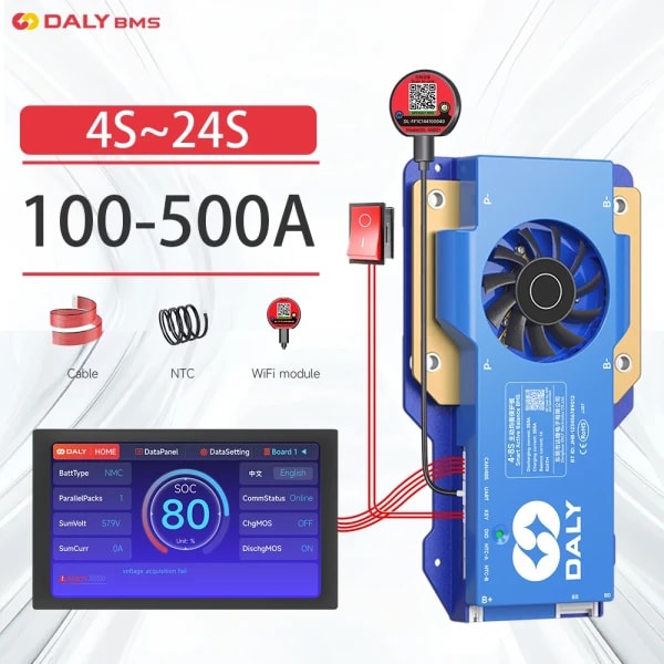 DALY BMS Inteligente LiFePo4 4S 12V 8S 24V 16S 48V 100A 150A 200A 300A 500A con Balance Activo 1A, BMS con Pantalla LCD, RS485, UART, WIFI y Llave