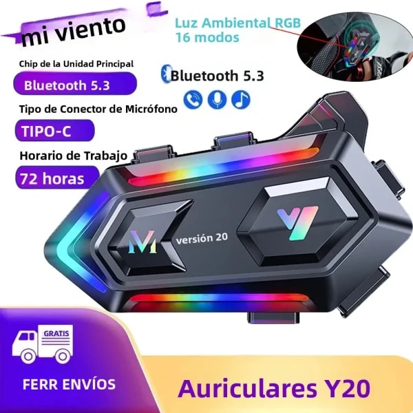 Auriculares Bluetooth para Casco de Motocicleta Y20 RGB V5.3 IPX6 Impermeables 16 Modos Compatibles con Todos los Tipos de Cascos
