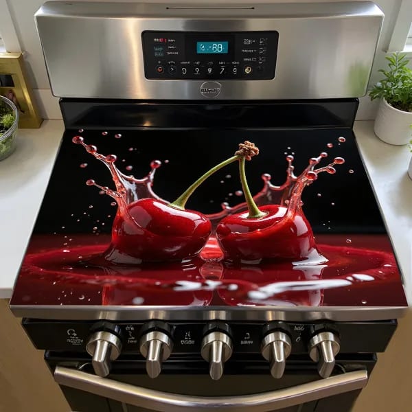 Cubierta para estufa Cherry Splash – Estera de cerámica resistente al calor con diseño artístico de cereza roja para estufas eléctricas