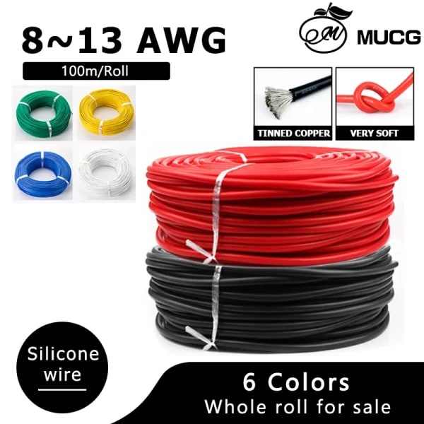 100 m/rollo de cable de silicona de 6 colores, cable de silicona para batería de coche, cables de extensión eléctricos, cable Flexible 8 9 10 11 12 13 AWG