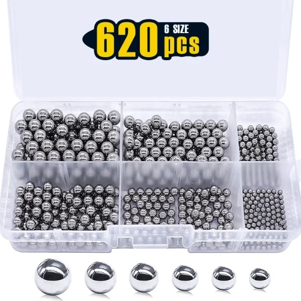620 Uds. Bolas de rodamiento de bicicleta de 6 tamaños bolas de acero de precisión Kit suelto surtido de acero al carbono 1/4 7/32 3/16 5/32 1/8 3/32