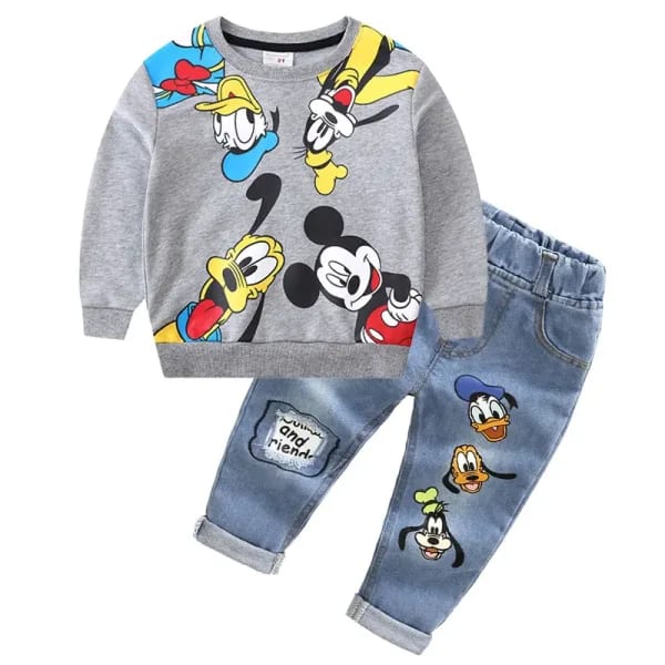 Conjunto de ropa de moda para niños, sudadera de algodón con dibujos animados de Mickey Mouse, pantalones vaqueros, traje de 2 piezas para niños de 2 a 6 años, primavera y otoño
