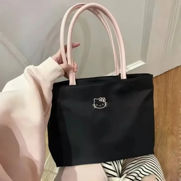 Bolso de mano negro HelloKitty para mujer a la moda, bolso de compras de gran capacidad con bordado de dibujos animados, bolso de hombro para mujer a la moda