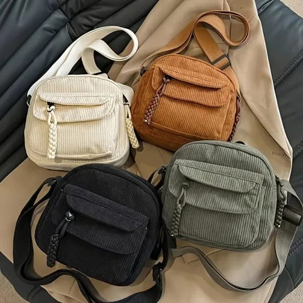 Bolso Bandolera de Pana para Mujer, Estilo Casual Harajuku, Cierre de Cremallera, Correa Ajustable, Múltiples Bolsillos, Forro de Poliéster, Beige