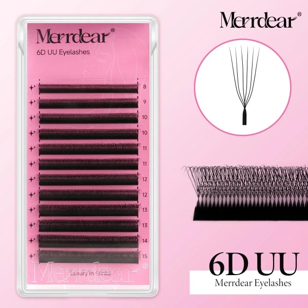 Extensiones de pestañas Merrdear U 6D W, negro mate, en forma de U, 6DW, pestañas en U, ventiladores de volumen prefabricados, pestañas postizas