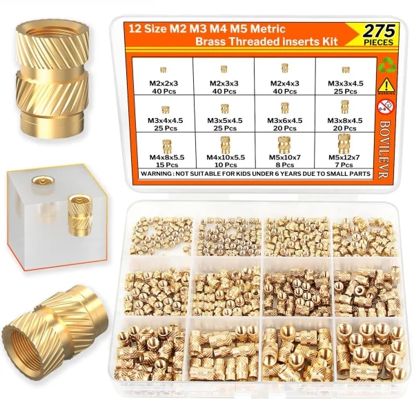 Kit de insertos roscados de juego de calor de 275 piezas - Tuercas moleteadas de latón M2 M3 M4 M5 para impresión 3D, plástico, materiales PLA ABS PETG PP PPS
