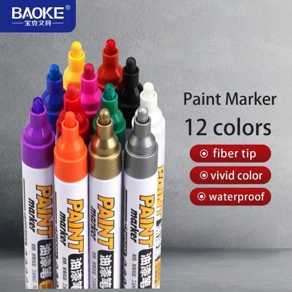 BAOKE MP680 Rotuladores de pintura, rotuladores permanentes a base de aceite de 12 colores, punta media de 2-3 mm, secado rápido e impermeable