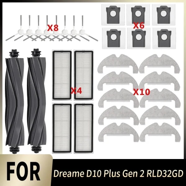 Paño de Limpieza, Cepillo Lateral Principal, Filtro HEPA, Bolsa para Polvo para Dreame D10 Plus Gen 2 RLD32GD, Accesorios para Robot Aspirador, Pieza de Limpieza para el Hogar