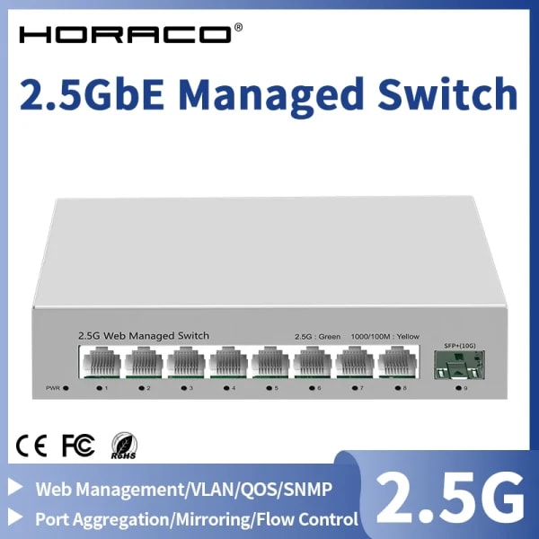 Conmutador administrado de 2,5 GbE, conmutador de red de 8 puertos 2,5 GBASE-T, ranura SFP + de 10G, enlace ascendente, concentrador administrado por Web, divisor de Internet sin ventilador