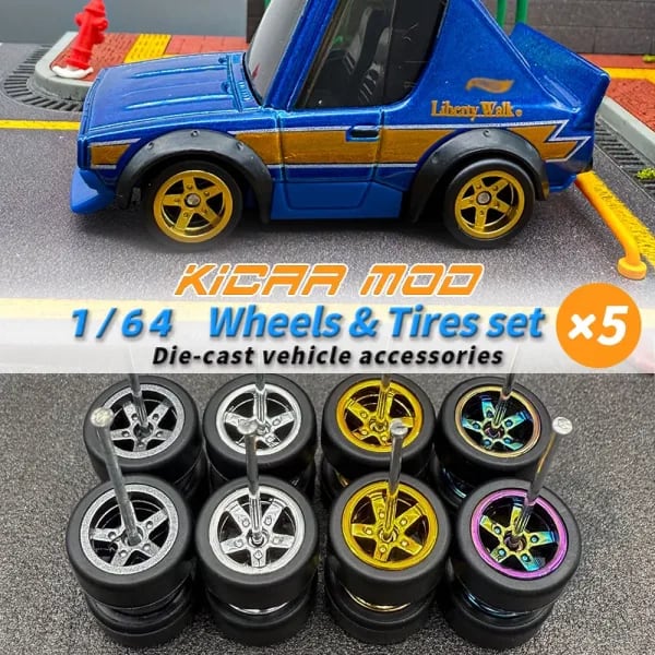 Ruedas de Coche Modelo Q 1/64 con Neumáticos de Goma Desmontables para Modelos de Coches de Juguete, Piezas de Repuesto para Hotwheels (5 Coches)