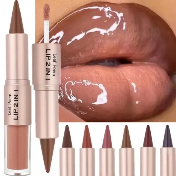 Delineador de Labios 2 en 1 con Degradado Cónico, Color Marrón Nude, Brillo de Labios con Efecto Espejo, Delineador de Labios Mate Impermeable, Contorno de Labios Antiadherente