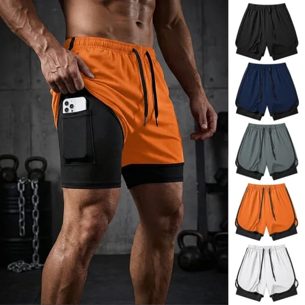 Pantalón corto de entrenamiento para correr 2 en 1 para hombre con bolsillo para teléfono, toalla, gimnasio, atlético, pantalones cortos elásticos de secado rápido para rendimiento, ropa deportiva