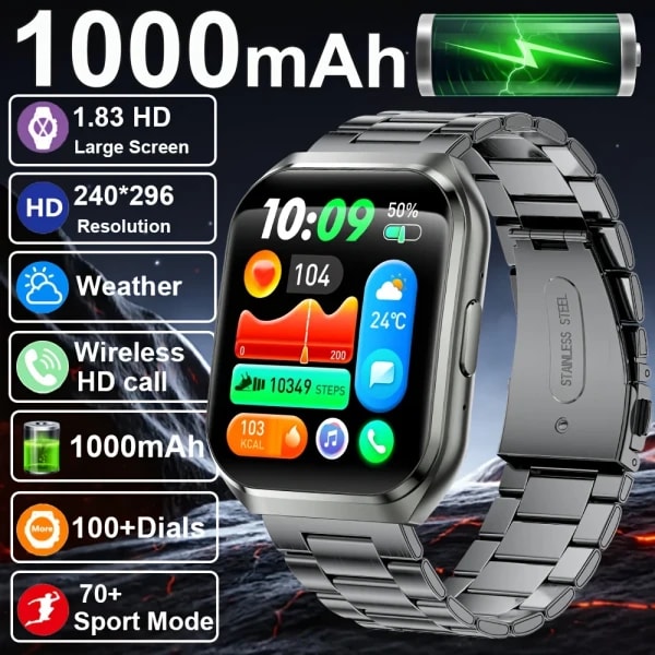 Nuevo reloj inteligente para hombre, 1000mAh, Larga modo de reposo, reloj inteligente para exteriores para hombre, IP68, resistente al agua, ritmo cardíaco, deporte, llamada BT, batería grande, reloj inteligente