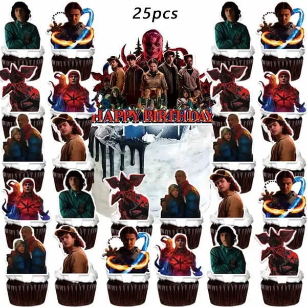 25 Piezas de Adornos para Pastel de Stranger Things 5, Decoración de Pastel de Cumpleaños Rosa Brillante, Artículos de Fiesta para Niños, Decoración de Baby Shower