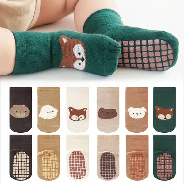 Homefish 6 pares de calcetines antideslizantes para niños, bonitos calcetines con patrón de dibujos animados de zorro y oso, calcetines para niños y niñas, cómodos para niños pequeños
