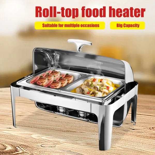 Calentador de alimentos de acero inoxidable, exquisitos platos para frotar, bandeja para servir Buffet y calefacción