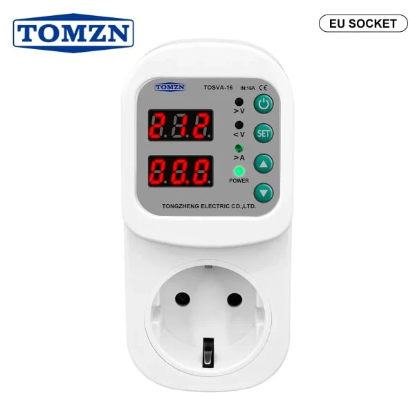 TOMZN Protector de corriente de voltaje automático enchufe AC110V 220V ajustable 1-16A Protector contra sobretensiones enchufe de la UE TOSVA-16