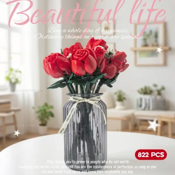 822 Uds. Ramo de flores rosas romántico, bloques de construcción, decoración creativa de plantas para el hogar, escritorio, montar ladrillos, juguete para regalos, niñas y mujeres