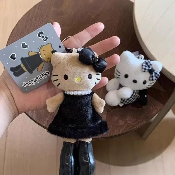 Hello Kitty Kawaii estampado de leopardo piel negra botón de amor gato de pierna larga llavero de felpa un regalo de cumpleaños para niñas