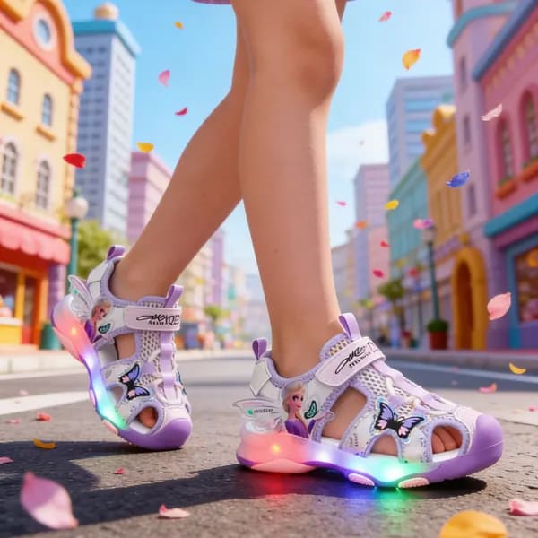 Sandalias LED de princesa Elsa de Frozen de Disney para niñas, zapatos deportivos de verano para niños, zapatos de playa rosas y morados, zapatos suaves y brillantes para niñas, talla 25-30