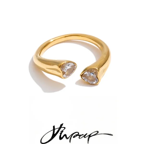 Yhpup 2026 anillo ajustable de corazón de circonia cúbica de acero inoxidable 16K chapado en PVD de platino delicado encanto joyería para el dedo recomendado
