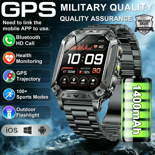 Reloj inteligente militar para exteriores 2026, reloj deportivo para hombres, pantalla AMOLED de 2,01 pulgadas, batería de 1400mAh, linterna, llamada, banda inteligente resistente al agua