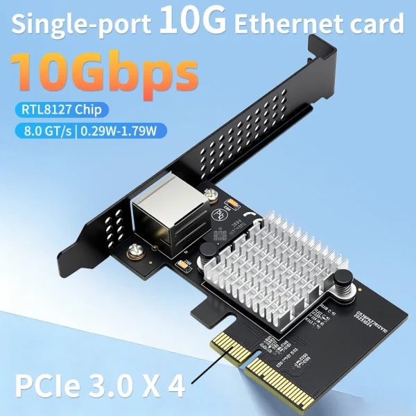 Tarjeta de Red Lekuo PCIe 3.0 X4 a 1 Puerto Ethernet 10G, Tarjeta LAN RJ45 de 10 Gbps para Realtek8127 (PXE), Velocidades de Red Multi-Gigabit