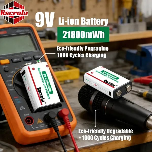 Batería recargable de iones de litio Rscrola de 9V, 21800mWh, carga USB rápida para multímetro/micrófono/Pedal de efectos de guitarra de larga duración