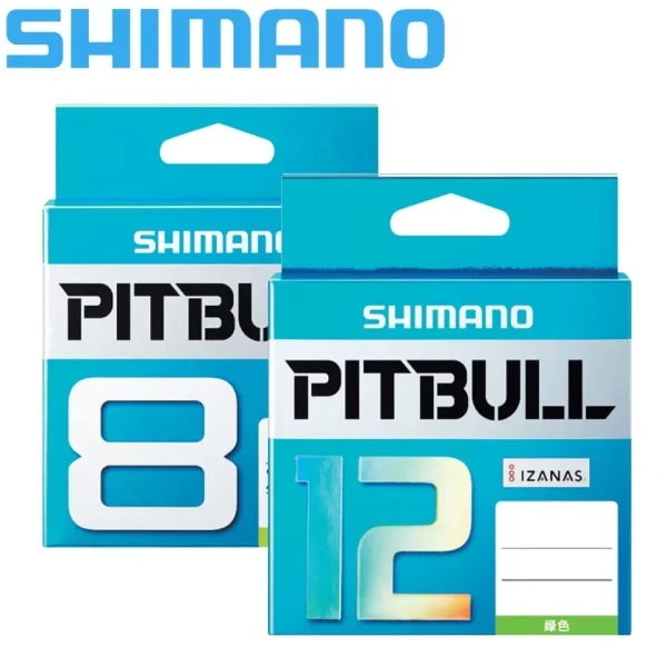 Línea de pesca SHIMANO PITBULL 150M/200M PE trenzada X8/X12, color verde, fabricada en Japón, alta resistencia y suavidad.
