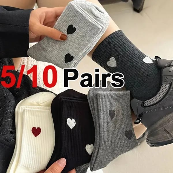 5/10 pares de calcetines de tubo medio con patrón de corazón para mujer, calcetines transpirables con estampado de moda, suaves, cómodos y absorbentes del sudor