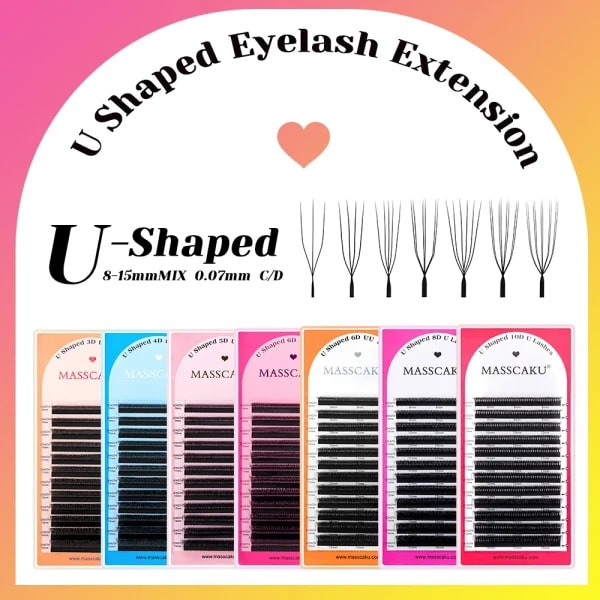 Pestañas Postizas MASSCAKU en Forma de U 3D/5D Mixtas de 8-15 mm, Curvatura C y D, Color Negro Mate Premium, Voluminosas y Esponjosas, Extensiones de Pestañas para Maquillaje Profesional