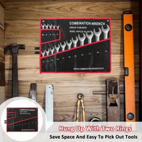 Bolsa de herramientas negra de 16 bolsillos con costuras rojas: organizador de llaves compacto para mecánicos y artesanos, cremallera segura y múltiples bolsillos