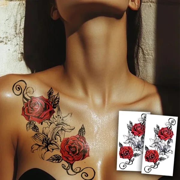 2 uds tatuaje temporal a prueba de agua pegatina rosa roja peonía hoja de lirio tótem Sexy arte corporal brazo tatuajes falsos manga para mujeres hombres pierna