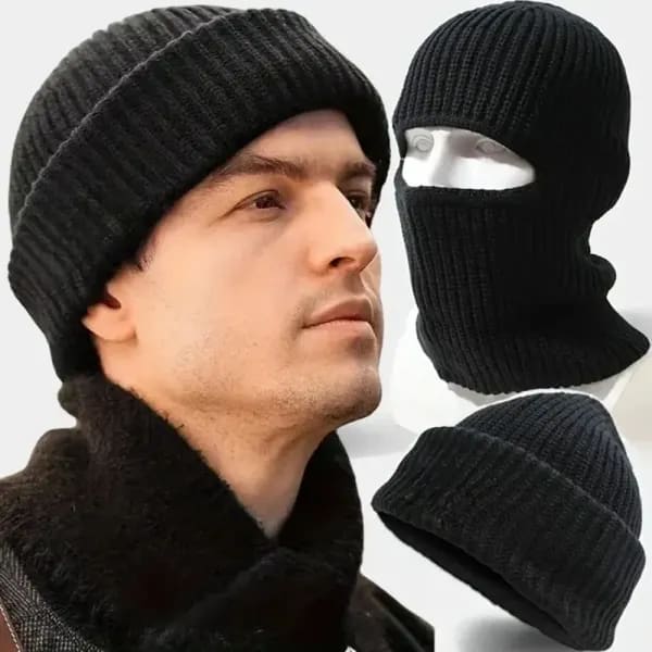 Gorro 2 en 1 con Máscara, Gorro de Punto Grueso para Invierno, Pasamontañas de Esquí, Máscara Facial Completa, Térmico, Cortavientos, Antifrío, Orejeras para Correr