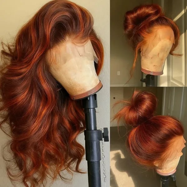 Pelucas onduladas del cuerpo ombré resaltadas 4/350, peluca de cabello humano con encaje Frontal 13x6, peluca Frontal de encaje 13x4 con ondas de agua de color marrón naranja jengibre